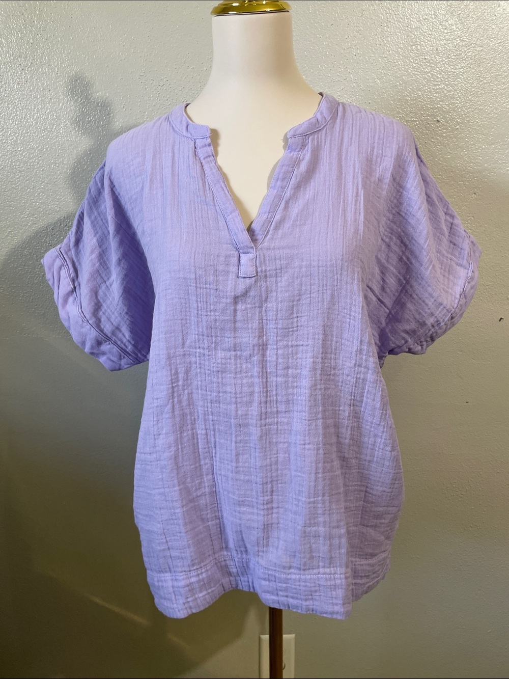 L L Bean NWT Cotton Gauze Split Neck Blouse Lavender Large Textured Boho Top